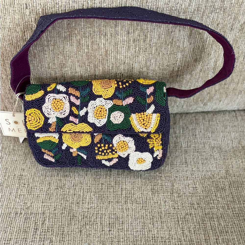 Beaded Floral Bag - Indigo & Yellow
